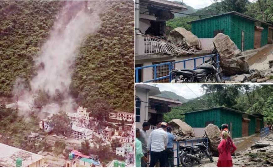देवप्रयाग में भारी भूस्खलन, नृसिंहगाचल पर्वत का एक हिस्सा दरका, मकान पर गिरे भारी बोल्डर और मलबा, दो घायल, कई वाहन दबे