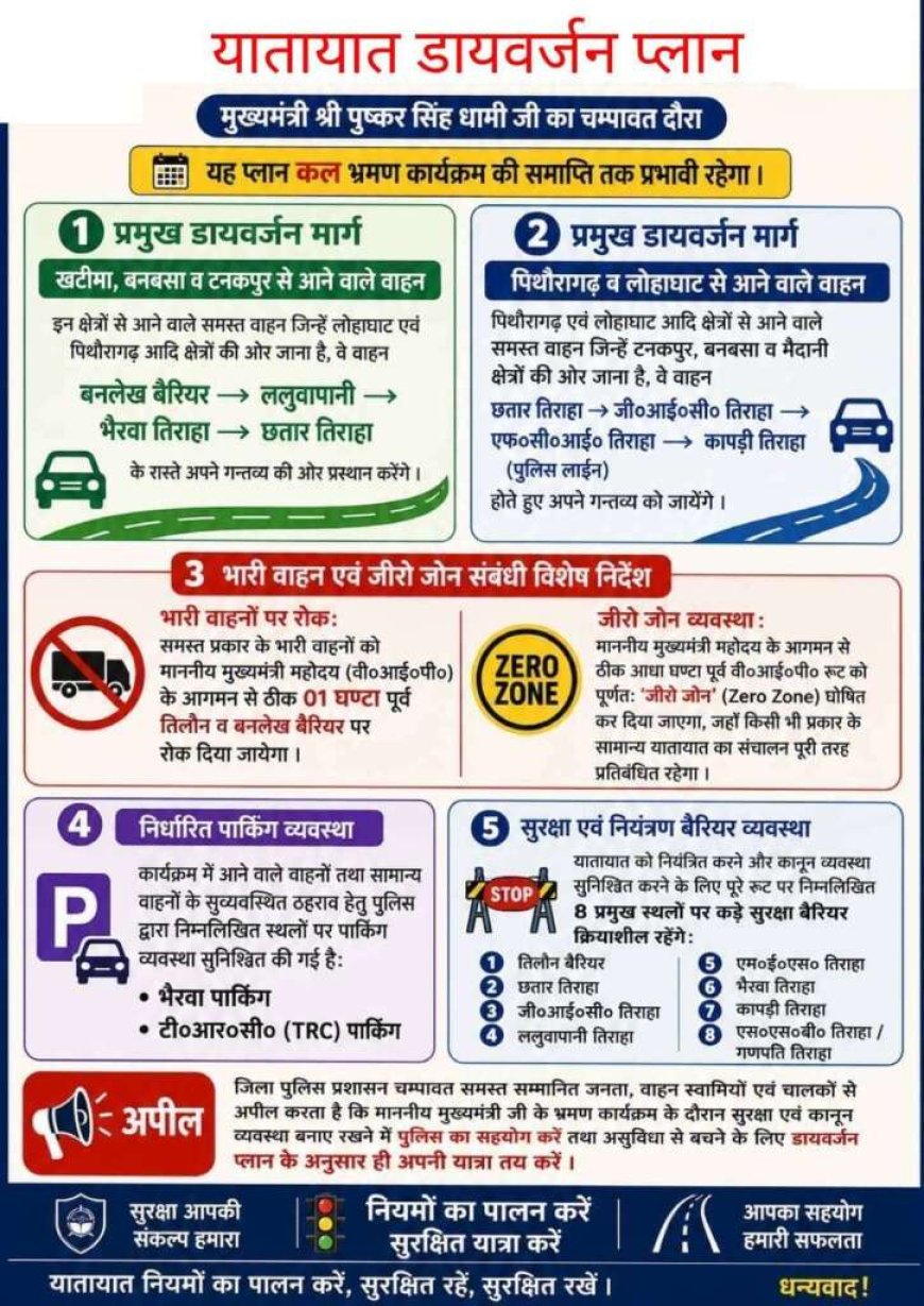 मुख्यमंत्री धामी के चम्पावत दौरे को लेकर यातायात डायवर्जन प्लान जारी, आम जनता से सहयोग की अपील