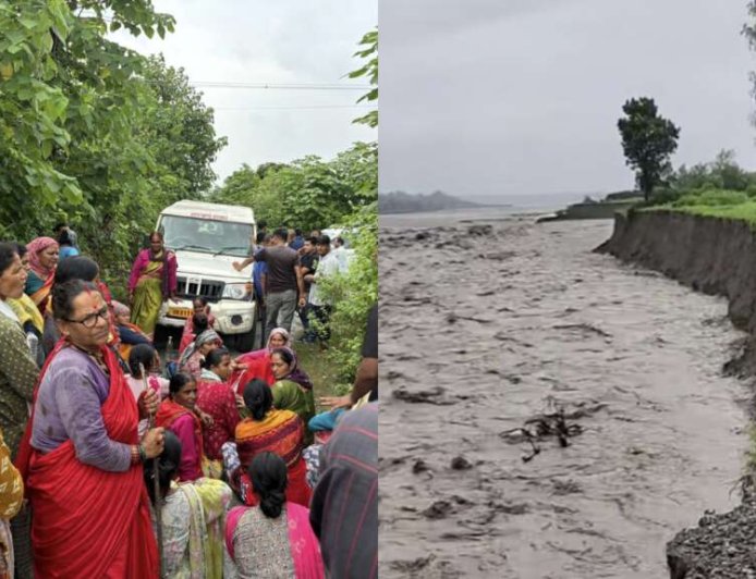 गौला नदी में समाई तीन दर्जन ग्रामीणों की जमीन, कई मकान खतरे में; ग्रामीणों ने दिया धरना, मांगी सुरक्षा