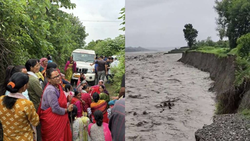 गौला नदी में समाई तीन दर्जन ग्रामीणों की जमीन, कई मकान खतरे में; ग्रामीणों ने दिया धरना, मांगी सुरक्षा